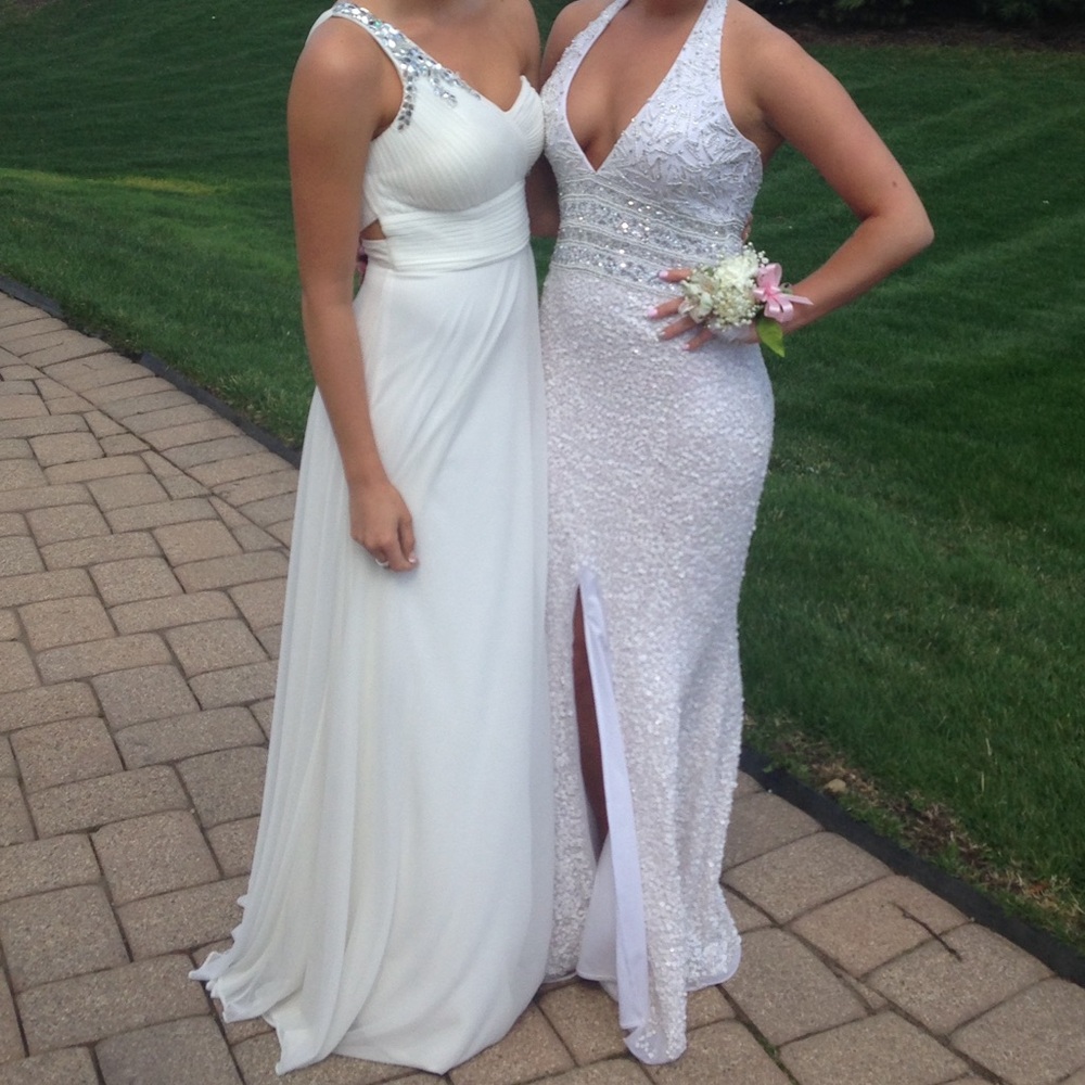 White Sequin Ruched One Shoulder Prom Gown
